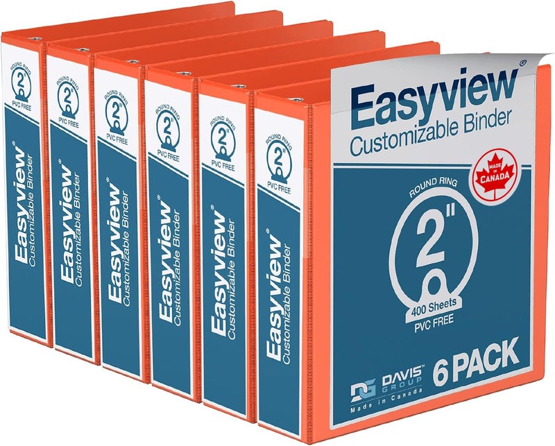 Davis Group Easyview Premium 3-Ring Binders with Clear-View Covers and Round Rings, Binders for School or Office, 2 Inch, Pack of 6, Orange - Image 1